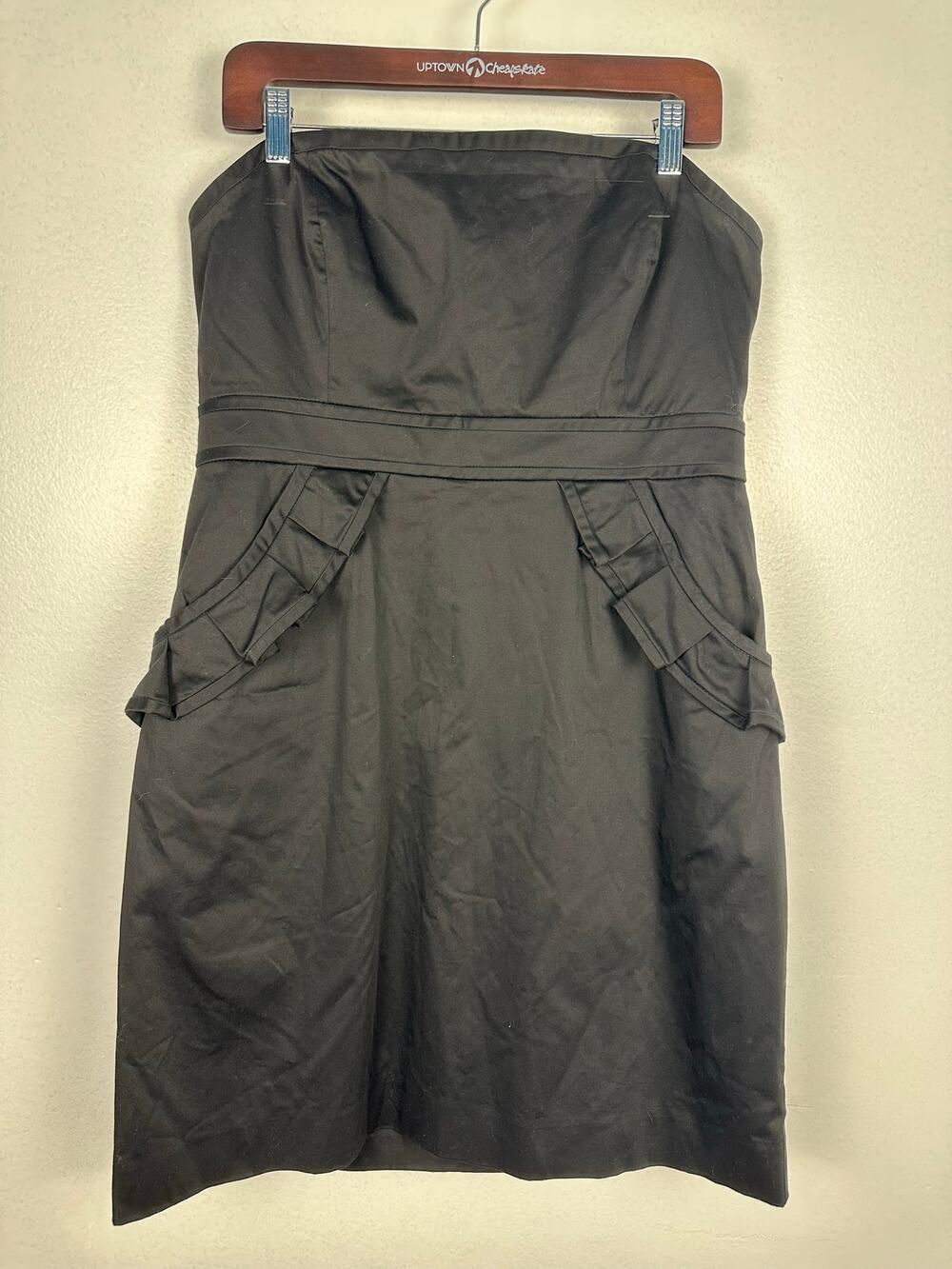 J Crew factory black cotton strapless cocktail dress ruffled pocket details 14